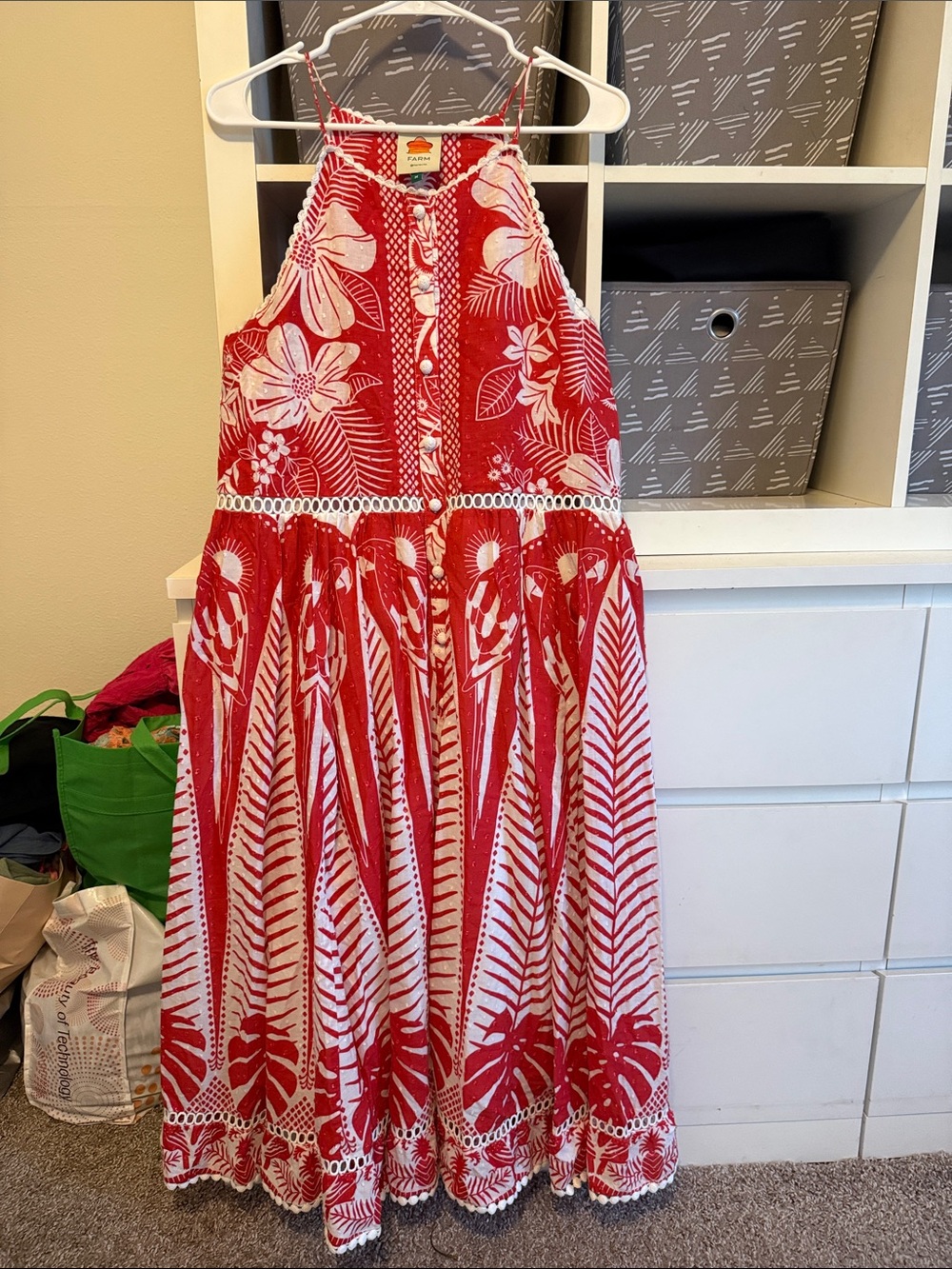 FARM Rio Red and White Tropical Halter Maxi Dress